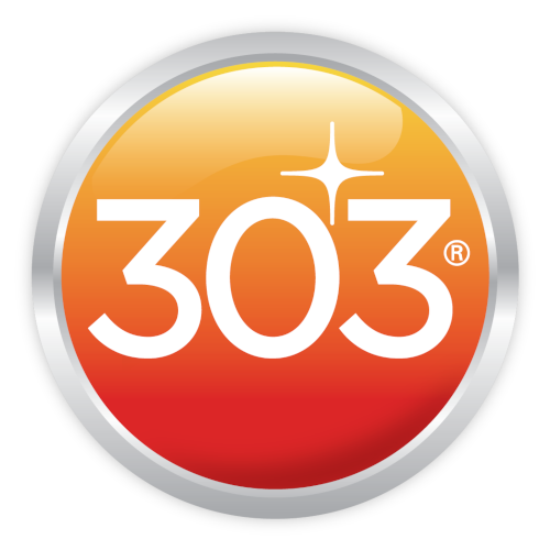 Glossy orange and red "303" logo with white sparkle on a circular silver badge.