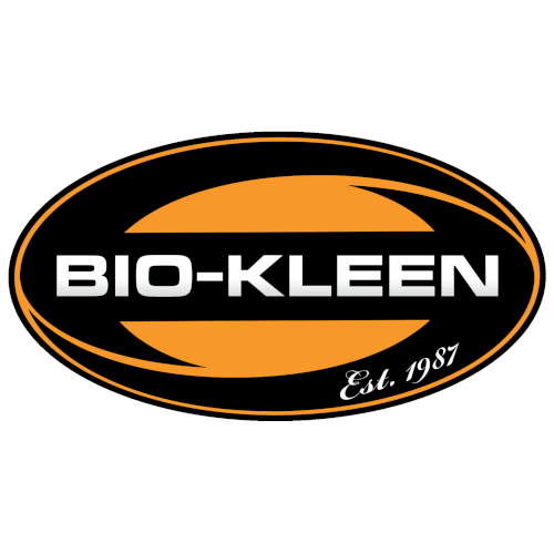 Bio-Kleen logo, orange and black oval, established 1987.