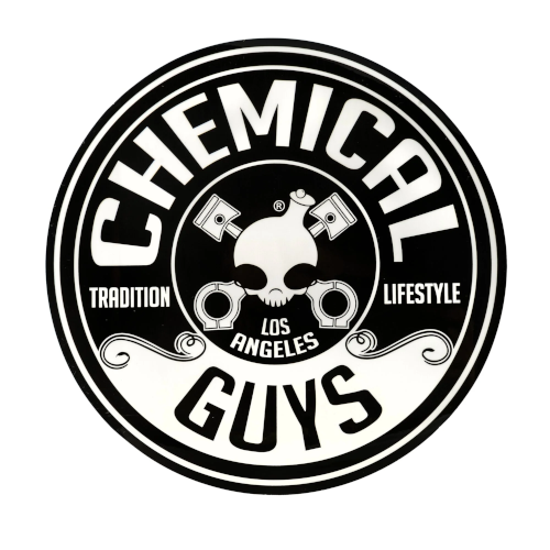 Chemical Guys logo with skull, "Tradition Lifestyle, Los Angeles" in black and white.
