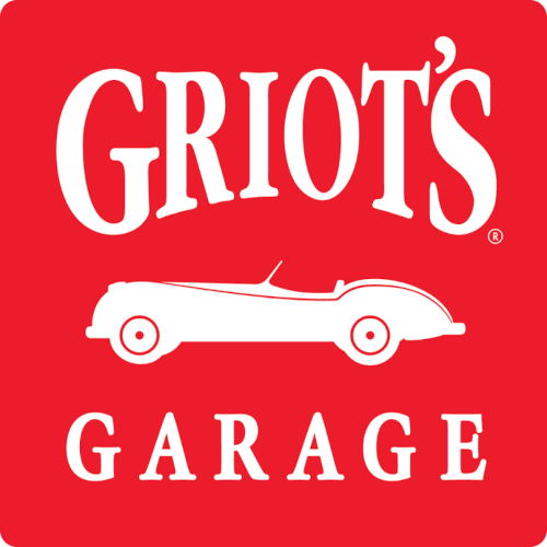 Griot's Garage logo with white convertible car on red background.