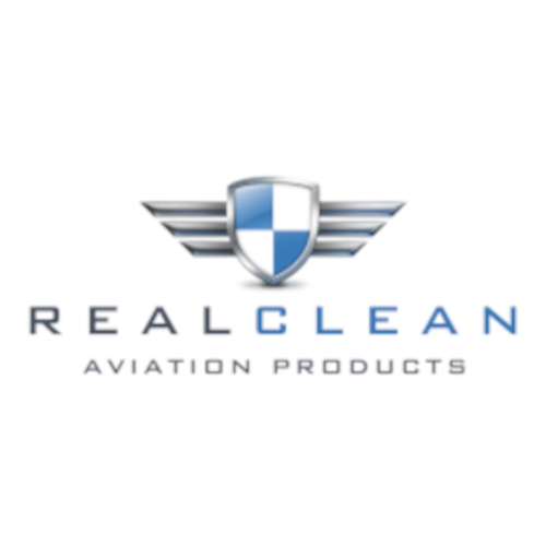 RealClean Aviation Products logo with winged shield emblem in blue and silver.