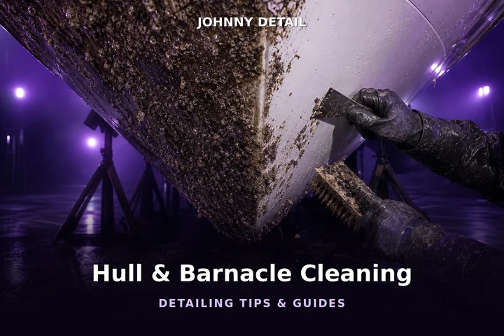 Boat hull barnacles being scraped to clean gelcoat under purple lighting — Johnny Detail hull cleaning guide
