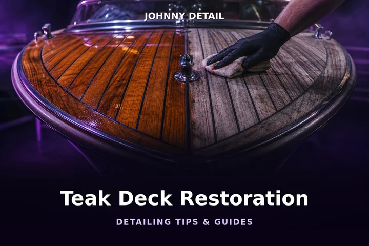 Teak boat deck being restored with oil under purple studio lighting — Johnny Detail teak deck restoration guide