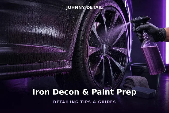 Iron fallout remover sprayed on a wheel and paint under purple studio lighting — Johnny Detail decontamination and paint prep guide