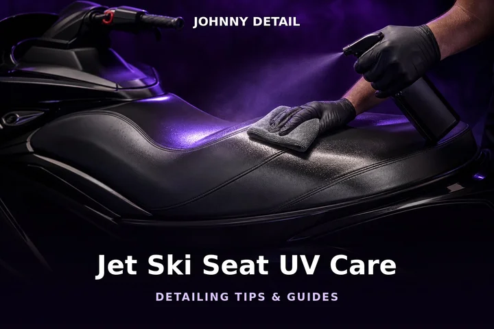 Jet ski vinyl seat treated with UV protectant under purple lighting — Johnny Detail jet ski seat care guide