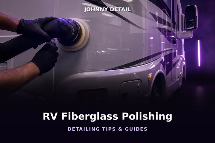 Orbital polisher buffing an RV fiberglass panel under purple studio lighting — Johnny Detail RV fiberglass polishing guide