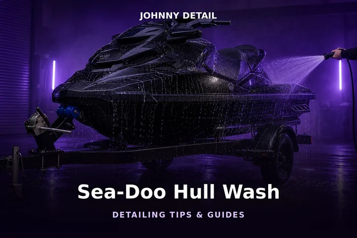 Jet ski being rinsed on a trailer under purple studio lighting — Johnny Detail Sea-Doo hull wash and salt flush guide