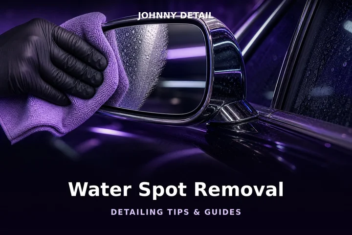 Microfiber cloth removing water spots from a mirror under purple studio lighting — Johnny Detail water spot removal guide