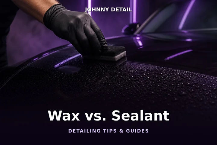 Gloved hand applying paint sealant to a glossy dark car hood under deep purple studio lighting — Johnny Detail guide to wax vs. sealant