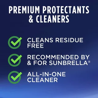 Graphic listing premium protectants and cleaners benefits with three green check marks