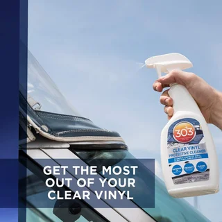Hand spraying vinyl cleaner on a car windshield, with promotional text overlay.