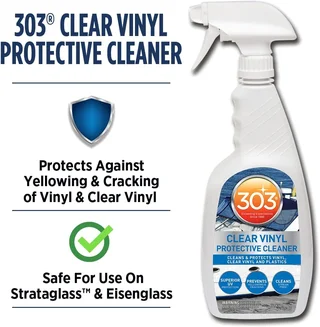 303 Clear Vinyl Protective Cleaner bottle with text about UV protection and safe use