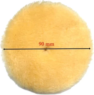 Round yellow fluffy pad with a black line labeled 90 mm across the center