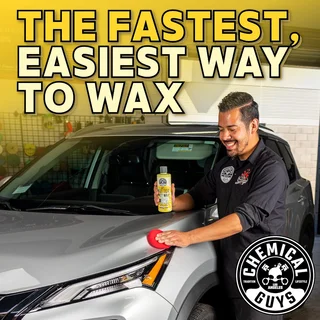 Graphic ad for ceramic spray wax, smiling man applying product to a silver car.