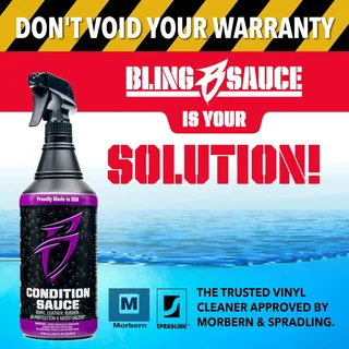 Promotional graphic for Bling Sauce Condition Sauce spray, with bold warranty message.
