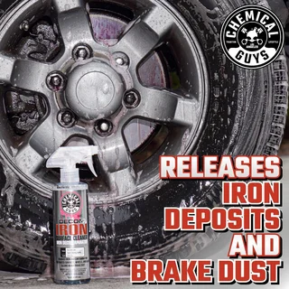 Wheel rim cleaner spray beside a tire, with text about removing iron deposits and brake dust