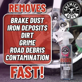 Ad for Chemical Guys Decon Pro Iron Remover spray beside a car wheel, with bold text.