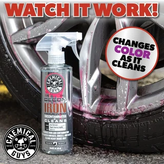 Bottle of wheel cleaner beside a car rim; text says, "Watch it work!"