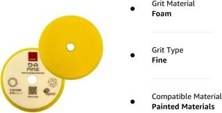 Graphic of a yellow circular grit type guide: foam, fine, compatible with painted materials.