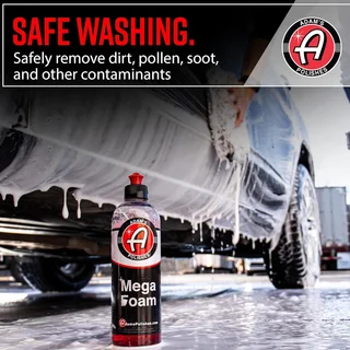 Bottle of Adam's Mega Foam under a soapy car with “Safe Washing” text.