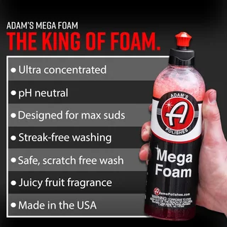 Mega Foam car wash bottle beside feature list on black background