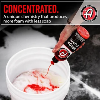 Graphic ad: concentrated foam soap pouring red liquid into a white bucket.