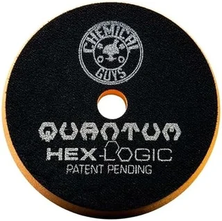 Chemical Guys Quantum Hex-Logic polishing pad label, black and silver circular graphic