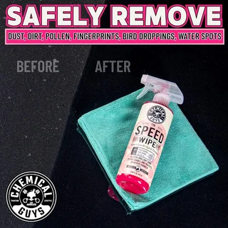 Before-and-after graphic with a pink Speed Spot spray bottle and turquoise cloth.