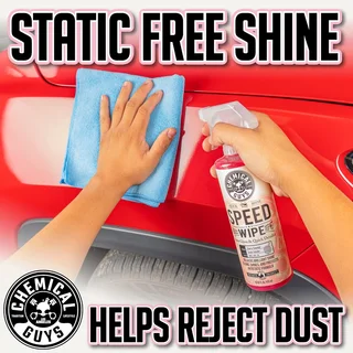 Graphic of hand wiping a red car with Speed Wipe spray; "Static Free Shine" text
