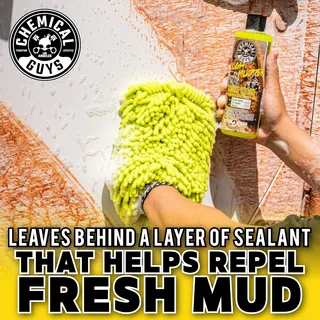 Hand using a yellow mitt and spray bottle, with text about repelling fresh mud