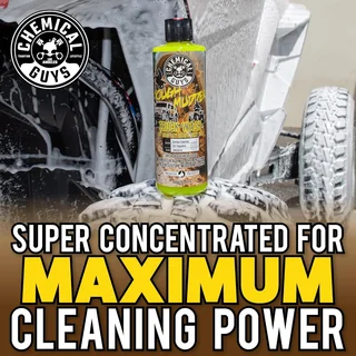 Chemical Guys cleaning spray bottle by a foamy wheel, with bold promo text.