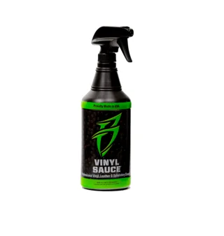 Black spray bottle of Vinyl Sauce cleaner with green label on white background
