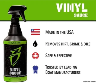 Vinyl Sauce cleaner bottle with icons: made in USA, removes dirt and oils, safe and effective