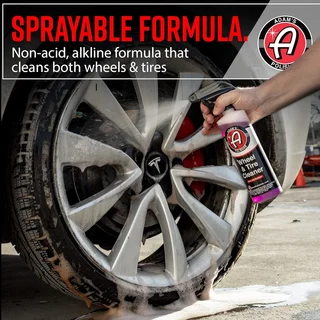 Photo of wheel cleaner spray being applied to a car tire and rim, with red ad text.