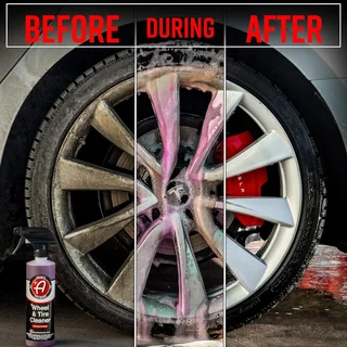 Before-and-after graphic of a car wheel being cleaned, with spray bottle on the left