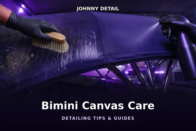 Boat bimini canvas being cleaned and waterproofed under purple lighting — Johnny Detail bimini care guide