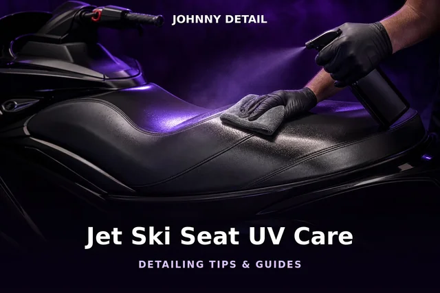 Jet ski vinyl seat treated with UV protectant under purple lighting — Johnny Detail jet ski seat care guide
