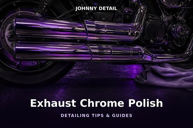 Polished chrome motorcycle exhaust gleaming under purple studio lighting — Johnny Detail exhaust polishing guide