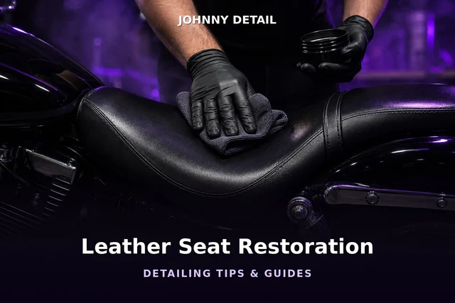 Conditioning a motorcycle black leather seat under purple studio lighting — Johnny Detail leather restoration guide