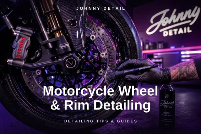 Gloved hand using a Johnny Detail wheel cleaner brush to remove brake dust from a sportbike alloy rim under purple studio lighting — Johnny Detail motorcycle wheel detailing guide