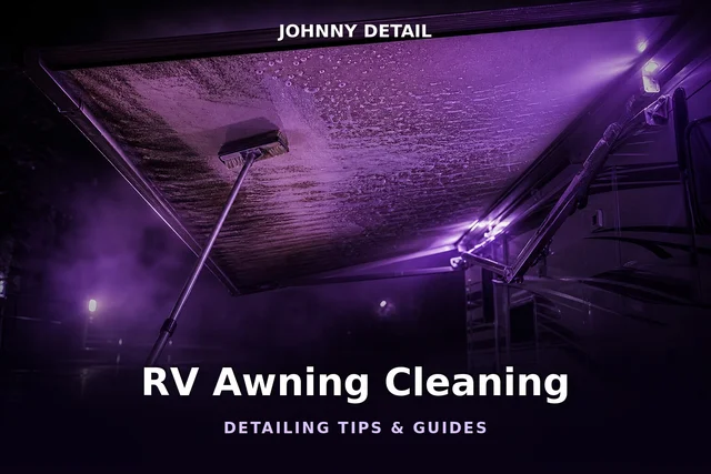RV awning fabric being scrubbed of mildew under purple lighting — Johnny Detail RV awning cleaning guide