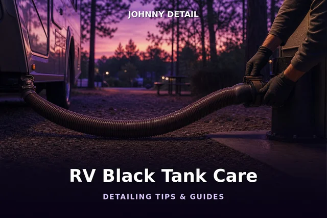 RV sewer hose connected at a sani-dump station at dusk — Johnny Detail RV black tank maintenance guide