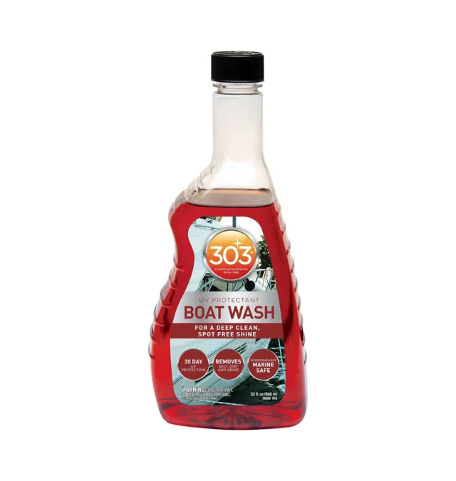 303 Boat Wash cleaner bottle with red liquid on white background