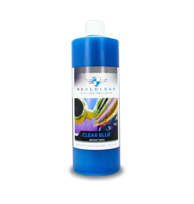 Blue cleaning solution bottle with blue cap on a white background