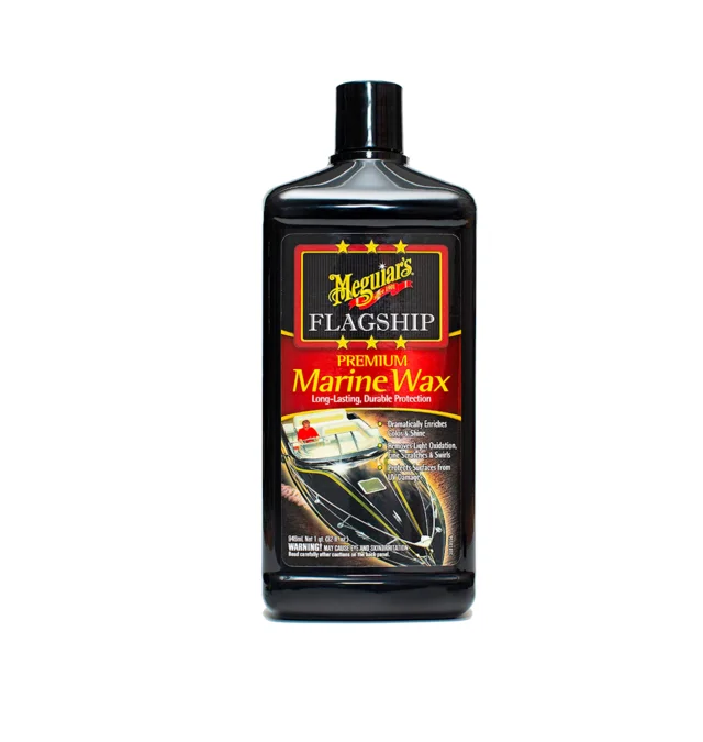Black bottle of Flagship Marine Wax with a boat graphic on the label