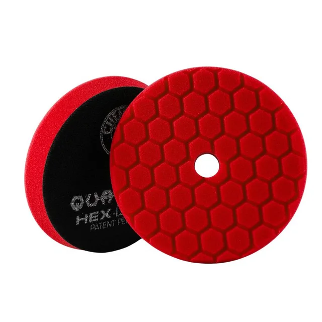 Red and black hex-pattern polishing pads, one overlapping the other