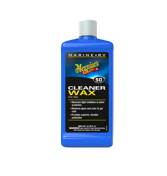 Blue Meguiar's cleaner wax bottle on a white background