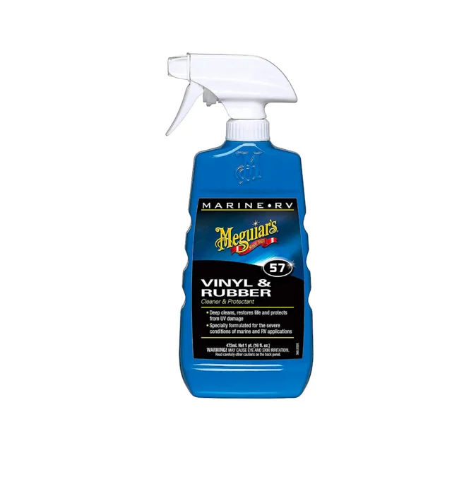 Blue spray bottle of Mariner's Edge vinyl cleaner on a white background