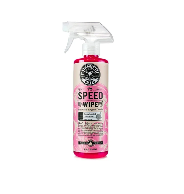 Pink bottle of Speed Wipe quick detailer spray with white trigger nozzle.
