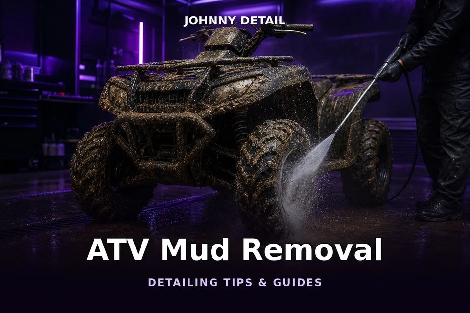 Muddy ATV being pressure washed under purple studio lighting — Johnny Detail ATV mud removal guide